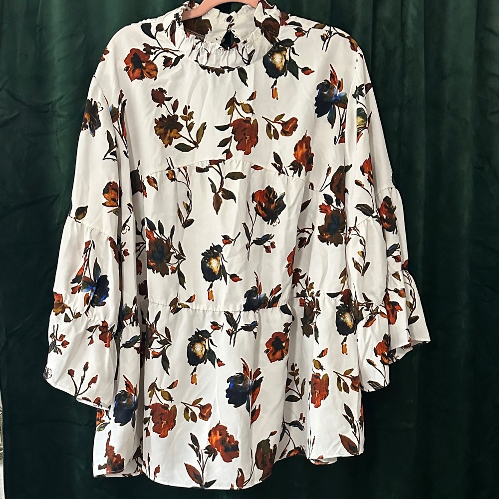 Floral Ruffle Neck Peasant Blouse - White with Rust & Navy Flowers
